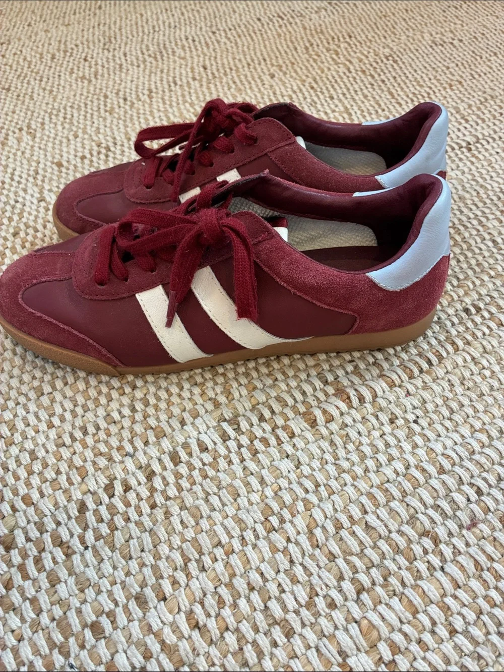 Size 10 Steve Madden Women's Burgundy Sneakers with White Stripes
